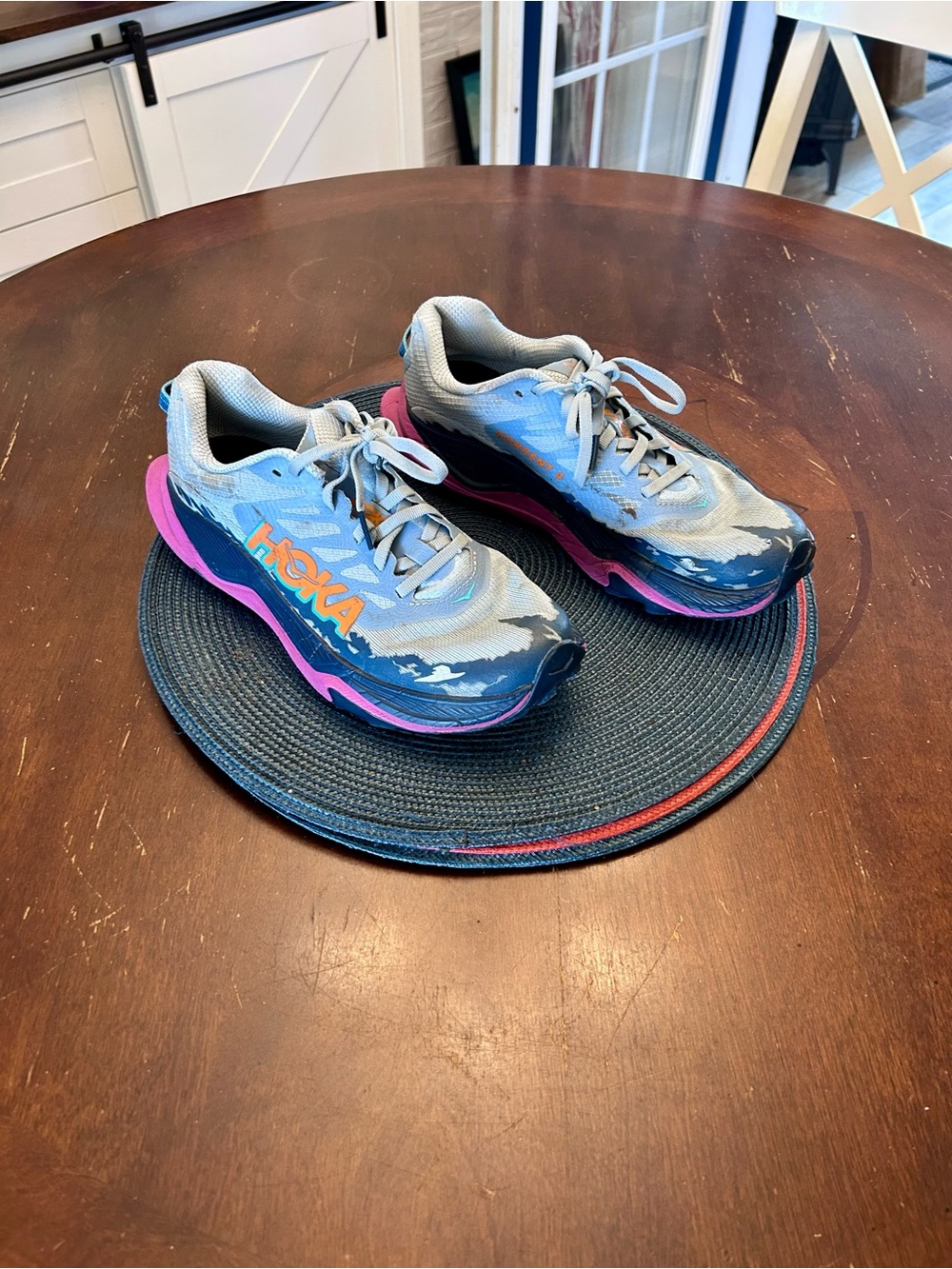 Hoka Torrent 4 Trail Runners in Grey Blue with Pink Soles